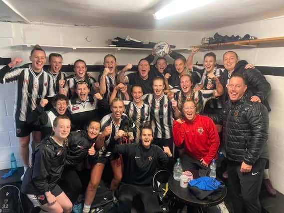 Alnwick Ladies celebrate in the dressing room after their 3-1 home win over Chorley in the Women’s FA Cup.