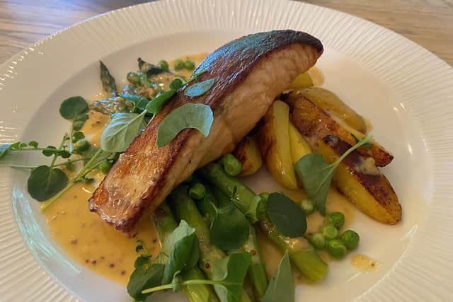 Pan-fried salmon main course at the Northumberland Arms tipi, Felton.