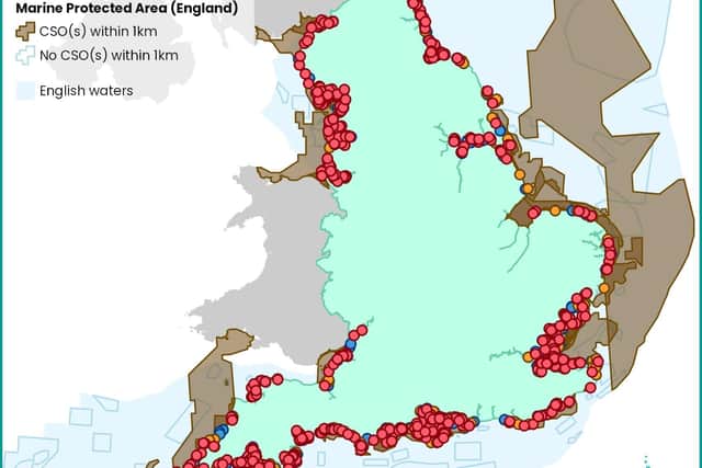 The map shows combined sewage overflows within 1km of a marine protected area.