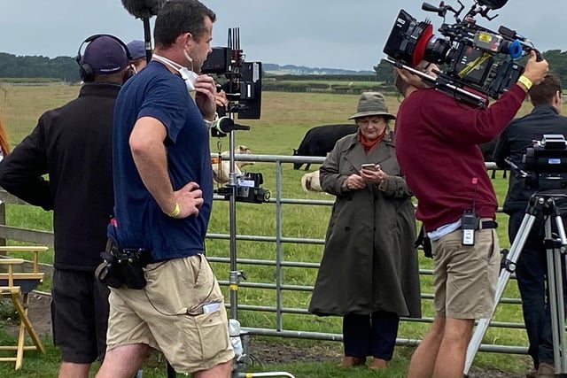Brenda Blethyn, who plays DCI Vera Stanhope, checks her phone in between filming in Boulmer village, one of the locations for series 11 of the popular ITV crime drama Vera.