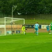 Kane O'Connor slots home for Berwick Rangers against a Hibs Development XI at Shielfield Park. Picture: Alan Bell