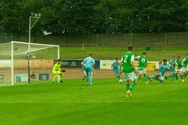 Kane O'Connor slots home for Berwick Rangers against a Hibs Development XI at Shielfield Park. Picture: Alan Bell
