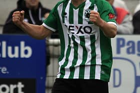 Will McGowan celebrates his second-half goal against Spennymoor Town. Picture: Paul Scott/Blyth Spartans