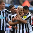 Newcastle United celebrate Bruno Guimaraes' second against Brentford. (Photo by Stu Forster/Getty Images)