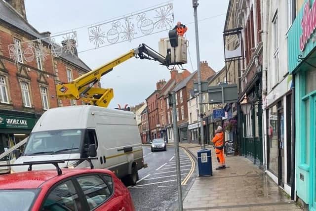 Christmas lights being installed in Morpeth.