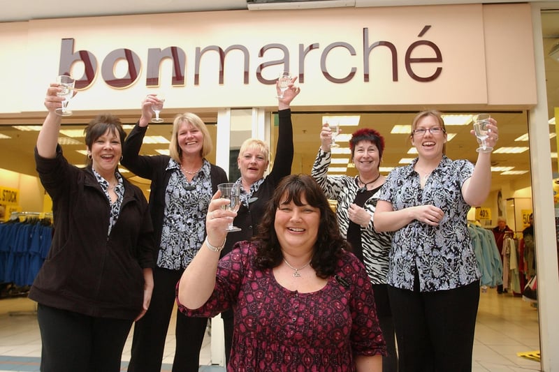 Bon Marche staff celebrating after their jobs were saved. (Left to right) Tracy Cole, Lyn Dryden, Julie Foster, Sheila Wilkinson, Kim Yates, and (front) Manager Jacqui Wilson.