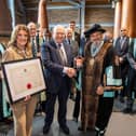 Ad Gefrin co-founders Alan and Eileen Ferguson with Daniel Daniel, Master of the Worshipful Company of Distillers.