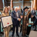 Ad Gefrin co-founders Alan and Eileen Ferguson with Daniel Daniel, Master of the Worshipful Company of Distillers.