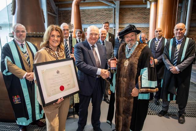Ad Gefrin co-founders Alan and Eileen Ferguson with Daniel Daniel, Master of the Worshipful Company of Distillers.