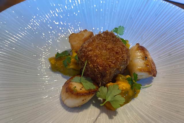 Seared scallops, crispy ham and piccalilli starter at The Whittling House, Alnmouth.