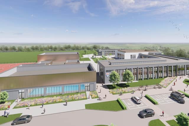 An aerial CGI of the school building and community sports facilities that the approved plans detail.