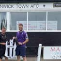 Richie Latimer welcomes new signing Liam Brooks to Alnwick Town. Picture: John V Mason