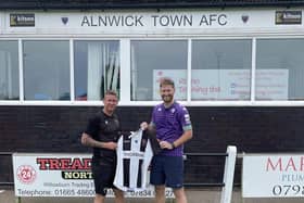 Richie Latimer welcomes new signing Liam Brooks to Alnwick Town. Picture: John V Mason