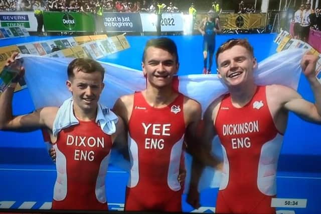 Dan Dixon with gold medallist Alex Yee and teammate Sam Dickinson.
