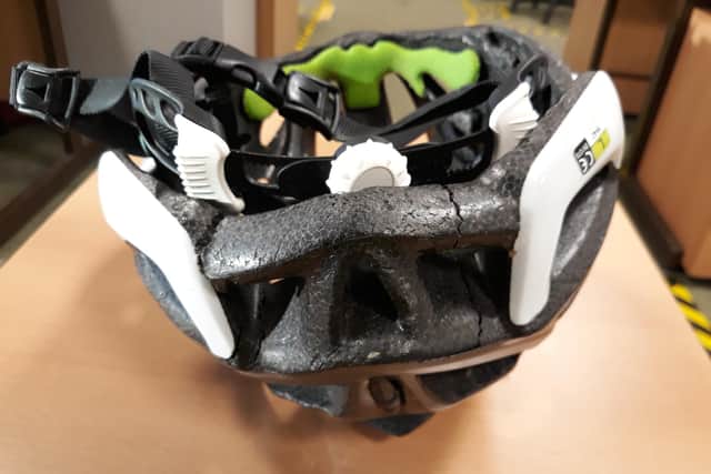 Sergeant Stephen Carr's damaged cycle helmet after the collision.