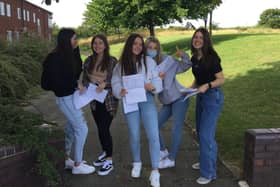 From left, Imogen Jackson, Emily Shaw, Rianna Waddell, Chloe Gerrard and Hope Vernon, students at James Calvert Spence College, Amble, receive their GCSE results. Picture by JCSC.