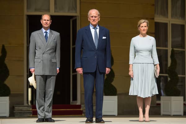 Prince Edward, Earl of Wessex, Prince Philip, Duke of Edinburgh and Sophie, Countess of Wessex attend the Duke of Edinburgh Award's 60th Anniversary Garden Party in 2016. Picture: Dominic Lipinski - WPA Photo/Getty Images.