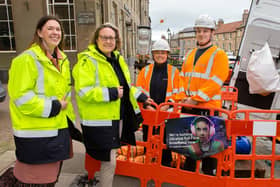 Catherine Colloms and Anne-Marie Trevelyan with Openreach engineers Sam Ward and Kelsey Adams.