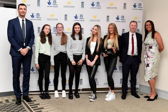 The Ponteland High School group, including Georgia Beckwith (fourth from left) and fellow students Anna, Emily, Brooke and Izzy, receive the Secondary School of the Year award from Chance to Shine ambassador Steven Finn, left.