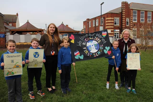 Cllr Sandra Graham (right), with Rockcliffe member of staff Ellie Ratcliffe and students from the school.