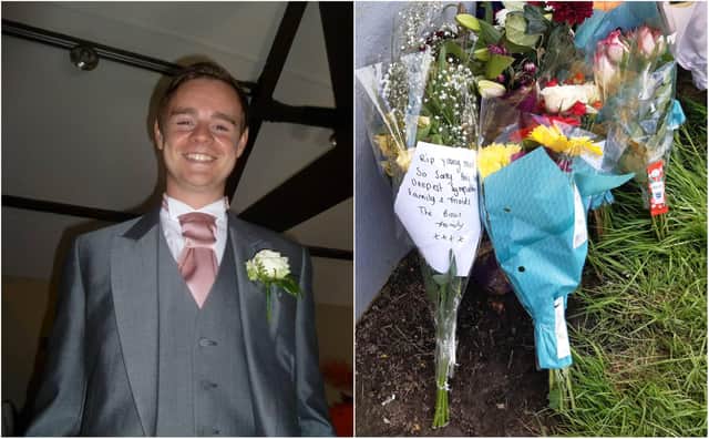 Danny Humble (left) and some of the floral tributes left for him.