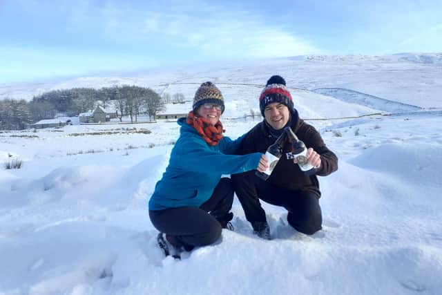 Sam and Red Kellie from First and Last Brewery enjoying ‘Ratty’ in the snow. Picture: First and Last Brewery