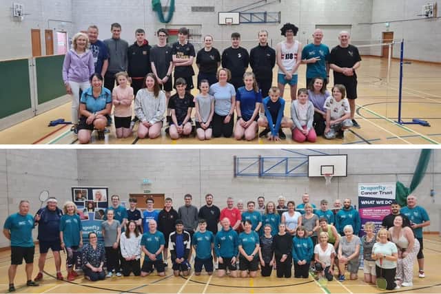 Riverside Leisure Centre Badminton Club’s 24-hour fundraiser players at the start and finish of the badminton-athon.