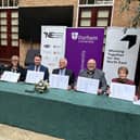 North East council leaders and Levelling Up minister Jacob Young sign the region's 'trailblazer' devolution deal in Durham. Photo: LDRS.