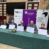 North East council leaders and Levelling Up minister Jacob Young sign the region's 'trailblazer' devolution deal in Durham. Photo: LDRS.