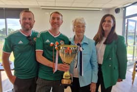 Aidan Brett (YBIG team manager), Liam Murray (founder of YBIG and captain), Pat Charlton and Carina O'Brien (Vice-Consul General of Ireland for the North East of England representing the government of Ireland). Picture: Gav Perry