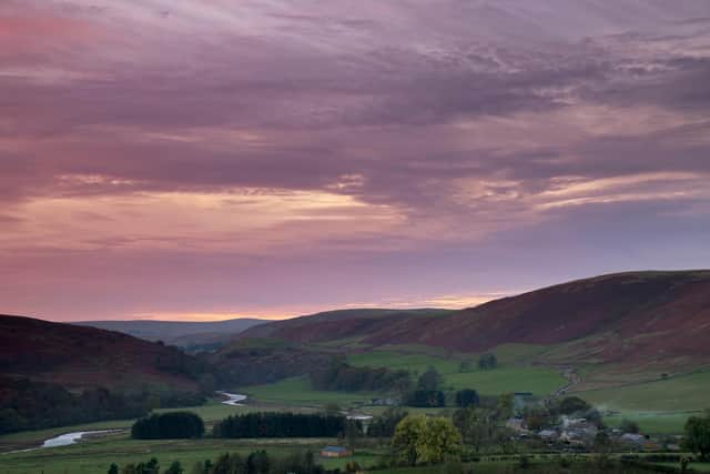 Sunset over the Coquet Valley near Alwinton, Northumberland National Park, England.