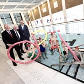 Glen Sanderson, Leader of NCC, Jeff Watson, Cabinet Member for Healthy Lives and Mark Warnes Chief Executive of Active Northumberland, with members of Morpeth Swimming Club. Photo: Northumberland County Council/Helen Smith.