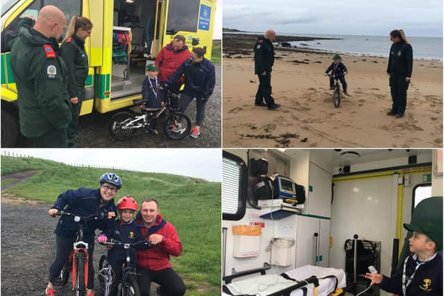 Six-year-old Ru Marley received a visit from North East Ambulance Service paramedics to thank him for raising over £1,400 by doing a long-distance cycle.