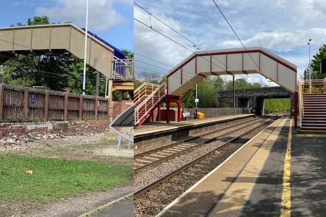 The footbridge at Cramlington station before and after the refurbishment work.
