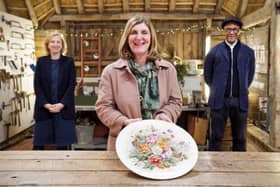 Helen Ringland with Kirsten Ramsay and Jay Blades from The Repair Shop. Picture: BBC