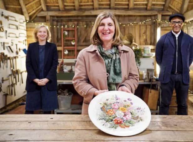 Helen Ringland with Kirsten Ramsay and Jay Blades from The Repair Shop. Picture: BBC
