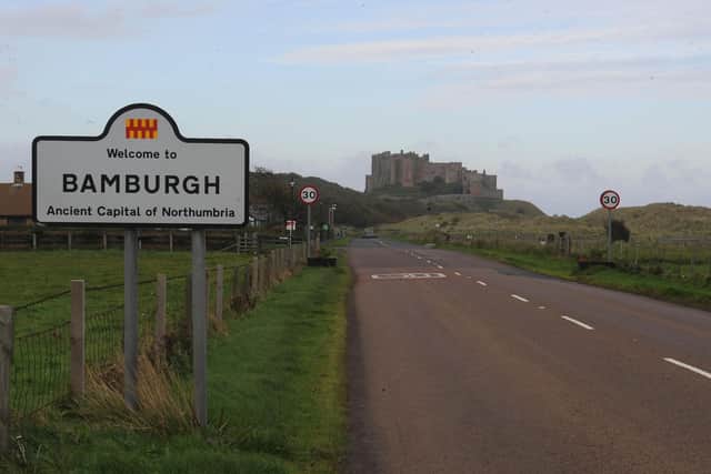 The approach to Bamburgh from Seahouses.