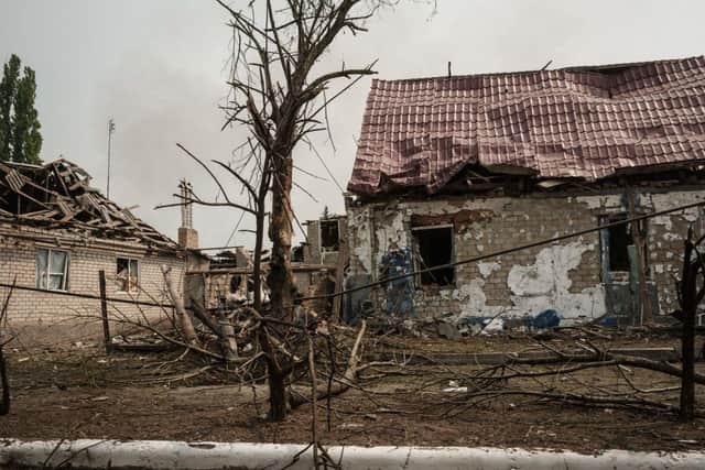 Buildings destroyed by shelling stand in Seversk, eastern Ukraine on May 8, 2022, amid the Russian invasion of Ukraine.