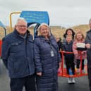 Mayor Sutherland, Brian and Colin from Ashington Leisure Partnership, and Claire from Little Acorns with Ruby, Freddie, and Esmerelda. (Photo by Newbiggin by the Sea Town Council)