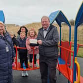 Mayor Sutherland, Brian and Colin from Ashington Leisure Partnership, and Claire from Little Acorns with Ruby, Freddie, and Esmerelda. (Photo by Newbiggin by the Sea Town Council)