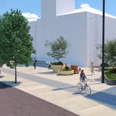 A CGI impression of the improvements to Bridge Street. The white buildings represent existing structures on the road, such as Blyth Library. (Photo by Northumberland County Council)