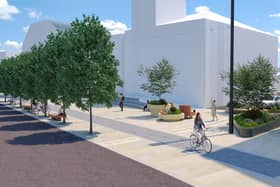 A CGI impression of the improvements to Bridge Street. The white buildings represent existing structures on the road, such as Blyth Library. (Photo by Northumberland County Council)