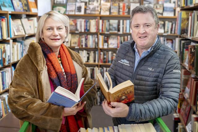 Story Fest founder Suzy Walker with Cllr Martin Harrington in Barter Books. Picture: Alnwick Town Council