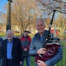Alan Thompson , Thomson Bathgate and Robin Murray of Coquetdale Lodge with Andrew Miller, Pipe Major of Rothbury Pipe Band.