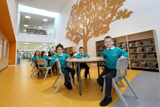 Primary school pupils inside the learning section of the new £43million campus in Ponteland. Picture by Helen Smith.