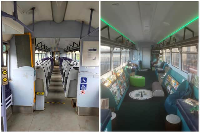 The interior of the 80s-era train before and after the conversion work.