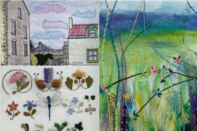 Wendy Skinner (top left), Kay Gardiner (bottom left) and Faith Robertson stitched these items for the group's 2022 calendar, which will be on sale at the exhibition.