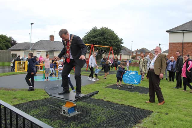 Mayor Taylor joined local children in testing out the equipment. (Photo by Blyth Town Council)