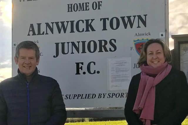 Anne-Marie Trevelyan MP with Cllr Gordon Castle at Alnwick Town Juniors FC.