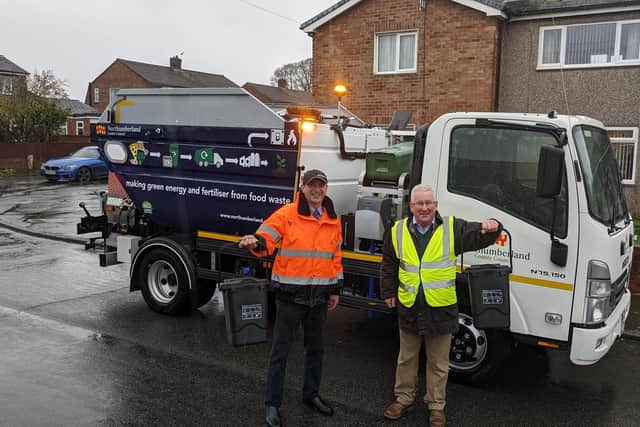 Cllr John Riddle, cabinet member for local service, and Morpeth Stobhill county councillor John Beynon with the new food waste van.